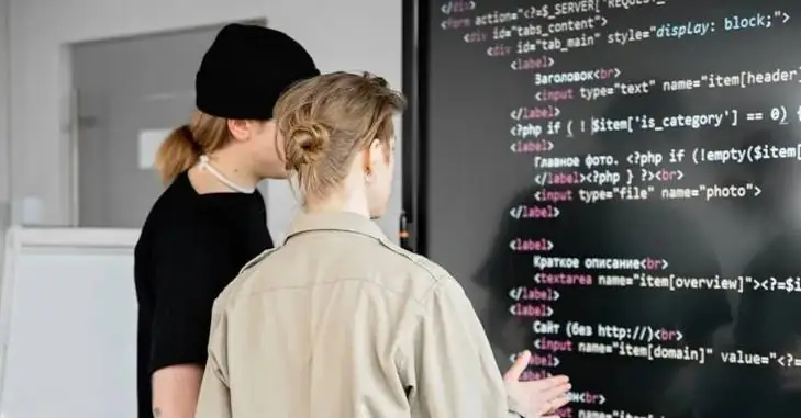 Programeri gledaju programski jezik na interaktivnoj ploči